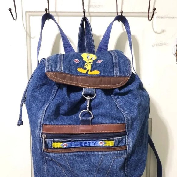 VINTAGE Y2K Jaclyn Looney Tunes Tweety Bird Beaded Denim Jean Big Backpack Bag - Picture 3 of 13